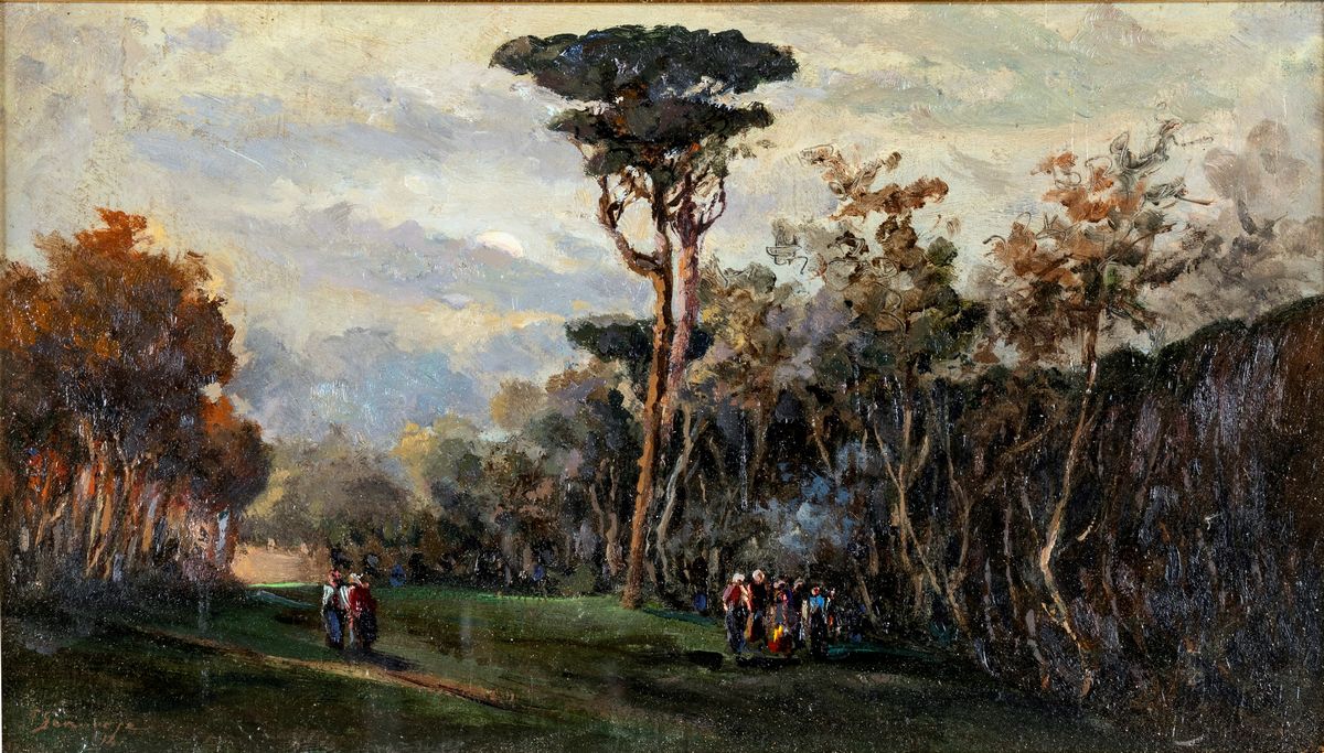 Pittore del XIX Secolo - Paesaggio Boschivo con Figure