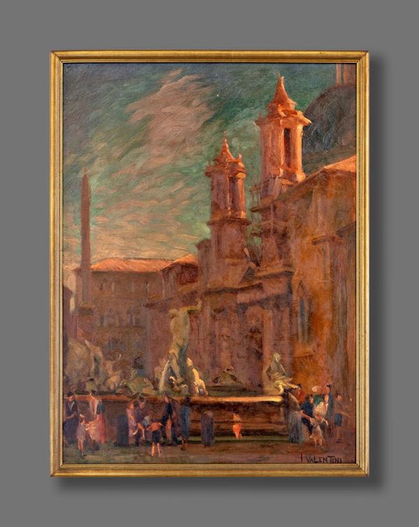 Pittore degli inizi del XX secolo - Scorcio di piazza Navona e Chiesa di Sant&#39;Agnese in Agone