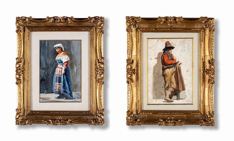 Pittore del XIX Secolo - A) Uomo in Abiti Popolari B) Donna Ciociara