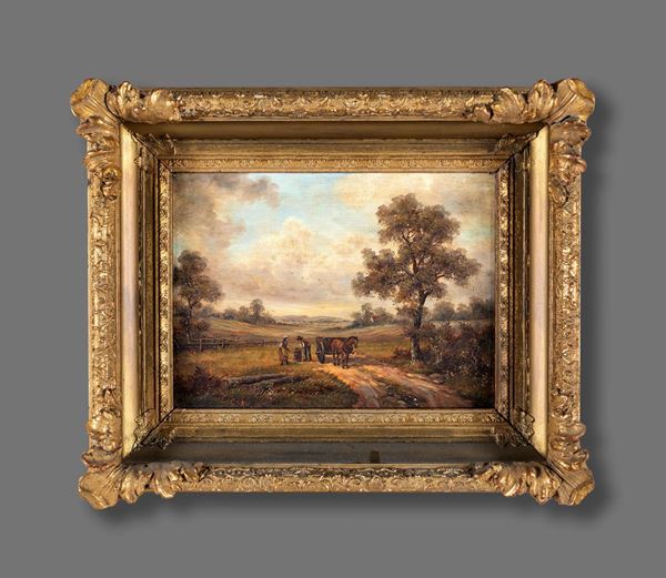 Pittore del XIX secolo - Paesaggio con figure e cavallo