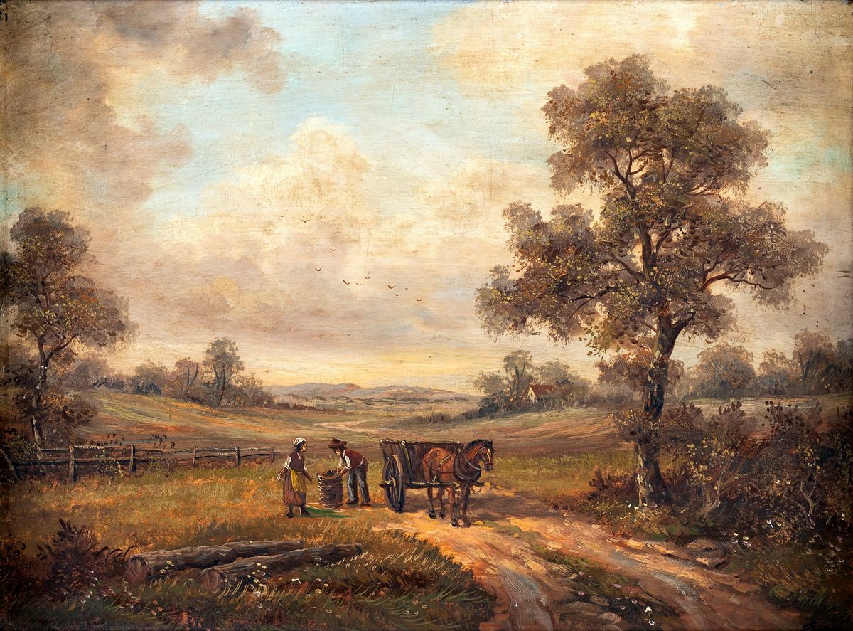 Pittore del XIX Secolo - Paesaggio con Figure e Cavallo