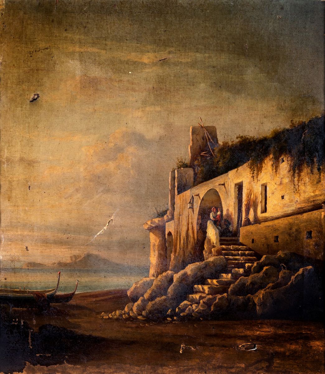 Pittore del XIX Secolo - Marina con Casolare