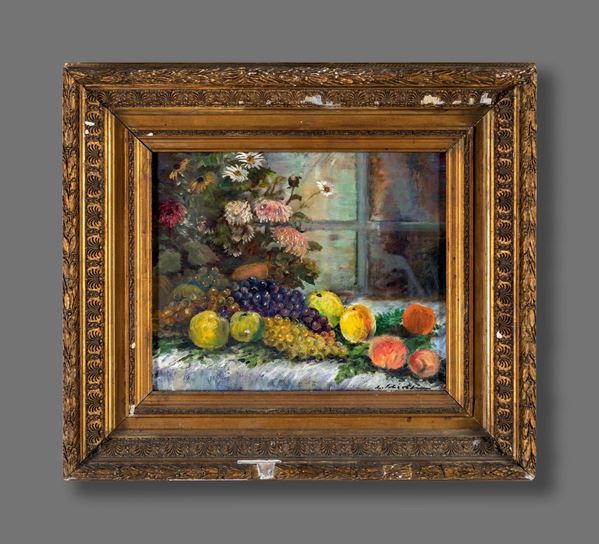 Pittore della fine del XIX secolo - Composizione di fiori e frutta