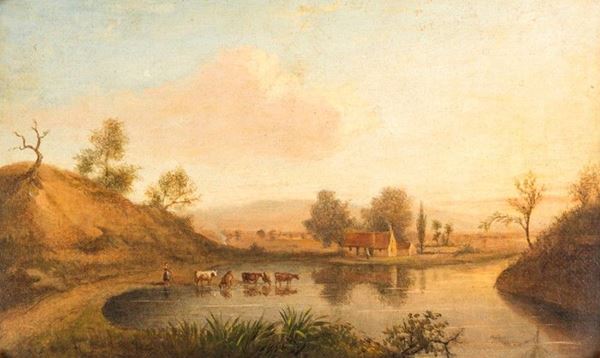 Pittore del XIX secolo - PAESAGGIO CON CONTADINA E ARMENTI