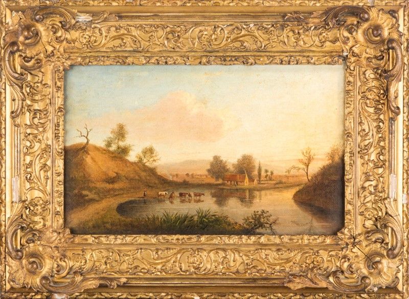 Pittore del XIX Secolo - Paesaggio con Contadina e Armenti