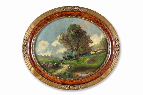 Pittore del XX secolo : Paesaggio  - olio su tavola ovale - Asta Mobili, Arredi, Dipinti Antichi e del XIX Secolo - Casa d'Aste Arcadia