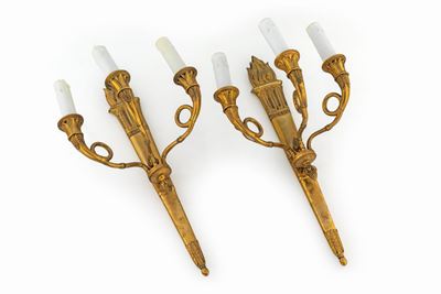 Coppia di Appliques in Ottone Dorato a Tre Luci