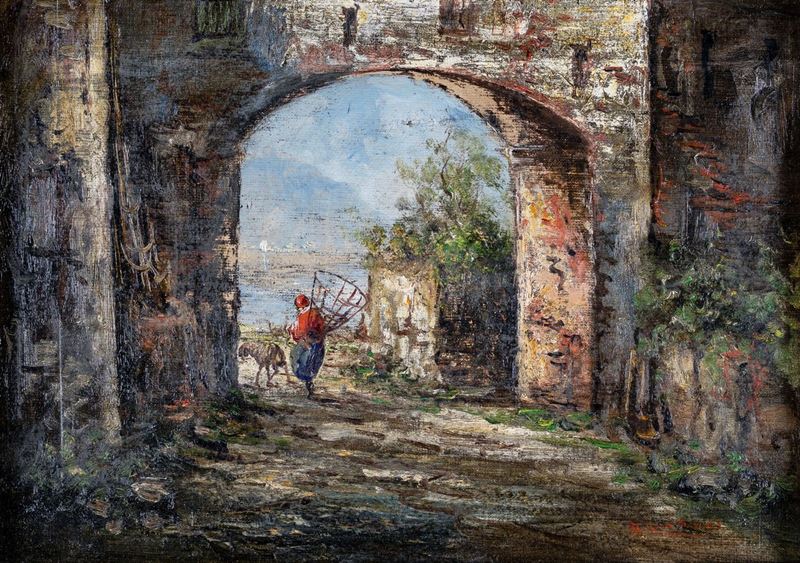 Pittore del XX Secolo - Scorcio con Viandante Sotto un Arco