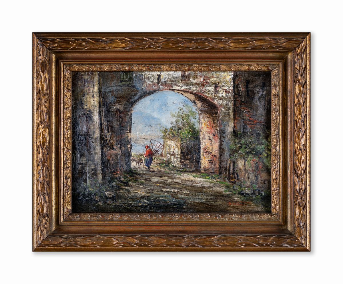 Pittore del XX Secolo - Scorcio con Viandante Sotto un Arco