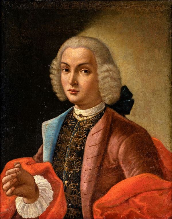 Pittore del XVIII secolo - Ritratto di giovane con mantello rosso e anello in mano