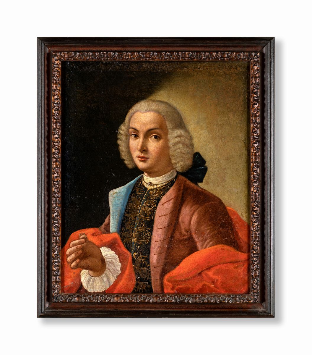 Pittore del XVIII Secolo - Ritratto di Giovane con Mantello Rosso e Anello in Mano