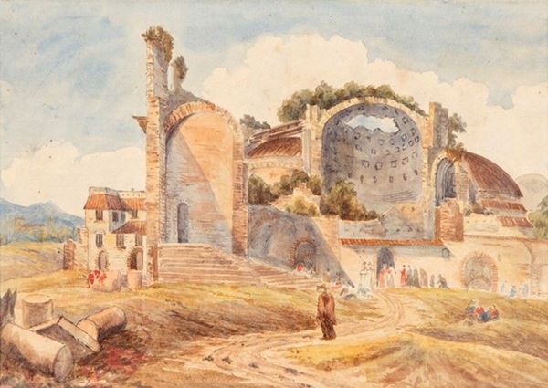 Pittore del XIX secolo : PAESAGGIO CON ROVINE ROMANE  - Asta Antiquariato, Dipinti e Gioielli - Casa d'Aste Arcadia