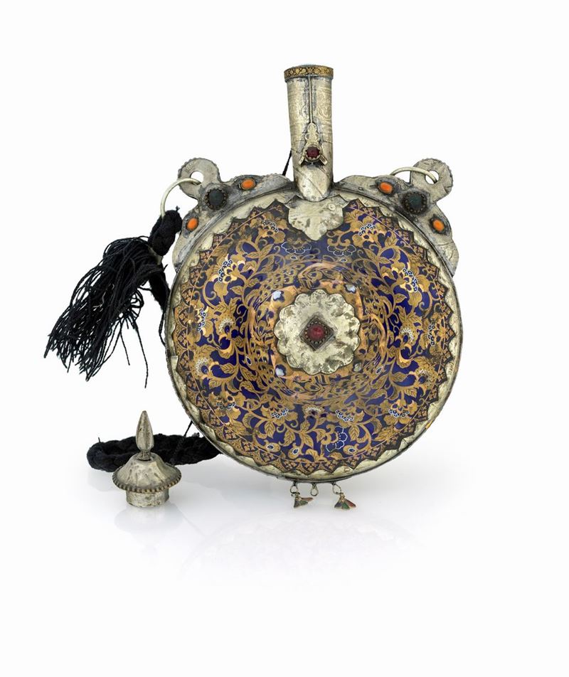 Fiasca in Metallo con Smalti, Pietre Dure e Coralli