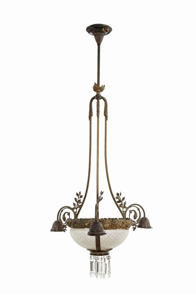 Lampadario in Ottone a Tre Luci, Anni Trenta