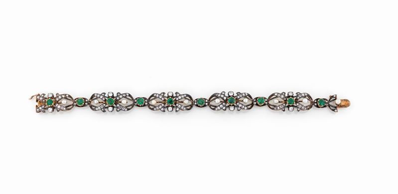Antico Bracciale con Smeraldi, Brillanti e Perle