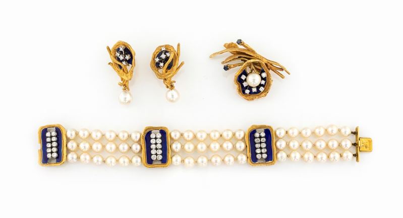 Rocchi, Parure con Perle, Diamanti e Smalti
