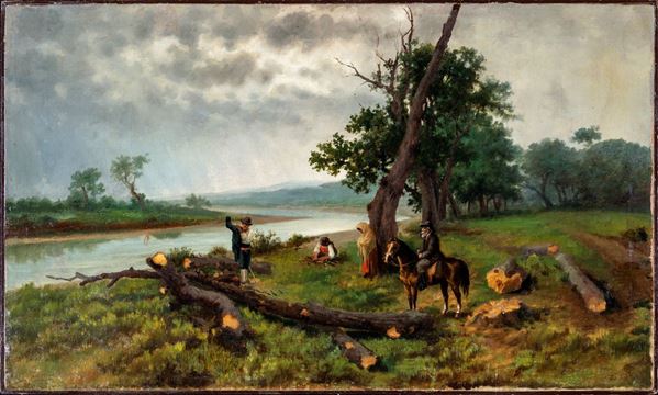 Pittore degli inizi del XX secolo - Paesaggio fluviale con figure e anziano cavaliere