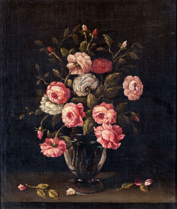 Pittore del XX secolo - Natura morta con vaso di rose selvatiche