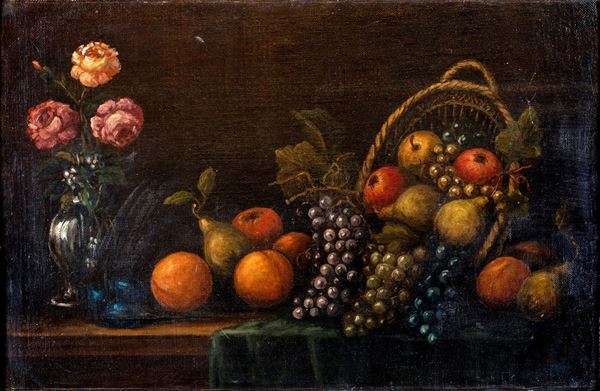 Pittore degli inizi del XIX secolo - Natura morta di frutta e vaso di rose