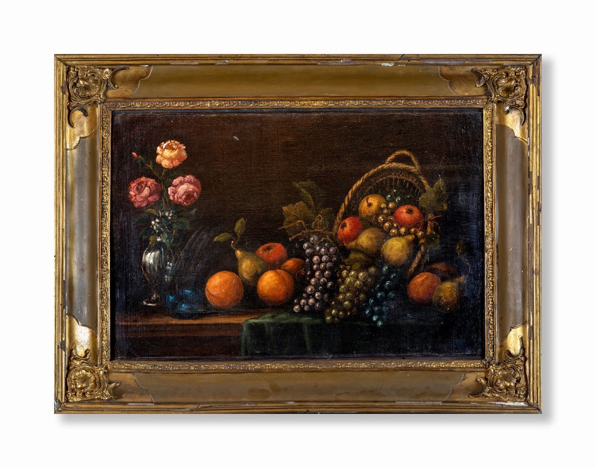 Pittore degli Inizi del XIX Secolo - Natura Morta di Frutta e Vaso di Rose